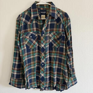 Vintage Wrangler Plaid Flannel Western Shirt with Pearl Snap 100% Cotton Sz M